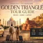 Golden Triangle Tour Guide travel magazine cover featuring India Gate, Qutub Minar, Taj Mahal, Agra Fort, Amber Fort, Hawa Mahal, luxury SUV, and international travelers exploring Delhi, Agra, and Jaipur.