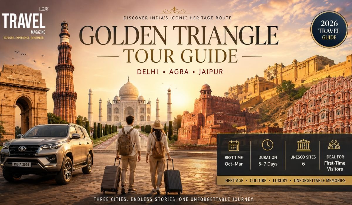 Golden Triangle Tour Guide travel magazine cover featuring India Gate, Qutub Minar, Taj Mahal, Agra Fort, Amber Fort, Hawa Mahal, luxury SUV, and international travelers exploring Delhi, Agra, and Jaipur.